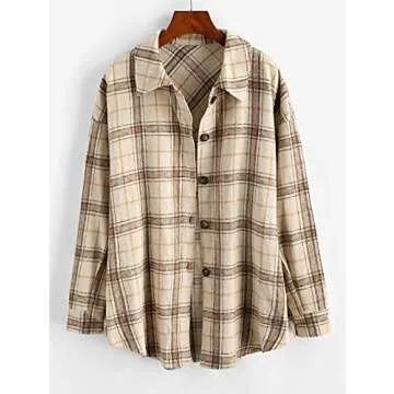 ZAFUL Women's Plaid Long Sleeve Shirt Button Down Wool Blend Thin Jacket Casual Blouse Tops with Pocket