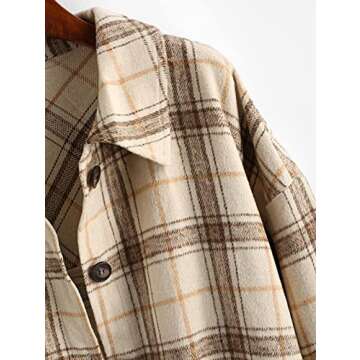 ZAFUL Women's Plaid Long Sleeve Shirt Button Down Wool Blend Thin Jacket Casual Blouse Tops with Pocket