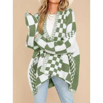 Saodimallsu Womens Checkered Sweater Color Block Plaid Cardigans Oversized Long Sleeve Knit Open Front Coats Green