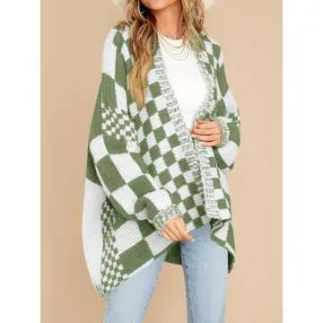 Saodimallsu Womens Checkered Sweater Color Block Plaid Cardigans Oversized Long Sleeve Knit Open Front Coats Green
