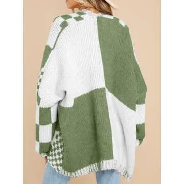 Saodimallsu Womens Checkered Sweater Color Block Plaid Cardigans Oversized Long Sleeve Knit Open Front Coats Green