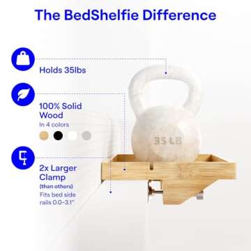 BedShelfie Bedside Shelf for Bunk Bed & Top Bunk, College Dorm Room Essentials, Loft Nightstand, Floating Bed Side Table Tray Storage, Dorm Room Decor, College Dorm Essentials - Original Natural Wood