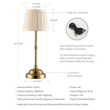 KDG Cordless LED Table Lamp Set of 2, Portables Fabric Shade Desk Lamps, 4000mAh Rechargeable Battery Powered Lighting, Dimmable Light for Dining Room, Bedroom, Bedside, Night Light, Balcony (Bronze)