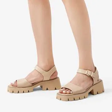DREAM PAIRS Women's SDHS2316W Lug Sole Low Platform Chunky Block Heels Square Toe Ankle Straps Sandals Nude Size 8.5