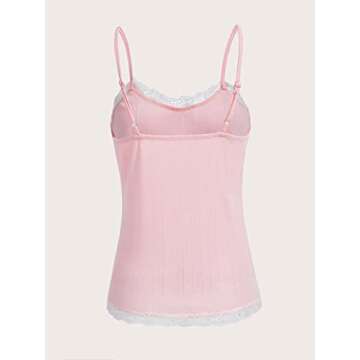 SOLY HUX Women's Lace Trim Spaghetti Strap Cami Tops Casual Summer Camisole Solid Pink L