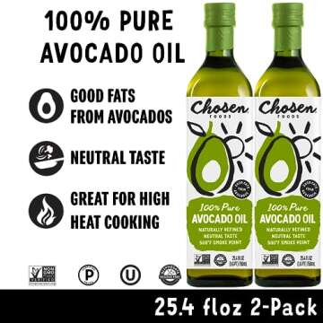 Chosen Foods 100% Pure Avocado Oil, Keto and Paleo Diet Friendly, Kosher Oil for Baking, High-Heat Cooking, Frying, Homemade Sauces, Dressings and Marinades (25.4 fl oz, 2 Pack)