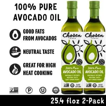 Chosen Foods 100% Pure Avocado Oil, Keto and Paleo Diet Friendly, Kosher Oil for Baking, High-Heat Cooking, Frying, Homemade Sauces, Dressings and Marinades (25.4 fl oz, 2 Pack)