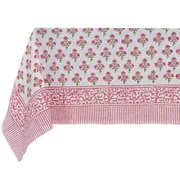 ATOSII Gulbahar White Pink 100% Cotton Fall Rectangle Tablecloth, Hand Block Print Washable Table Cover, Christmas Parties Buffet Dining, Weddings, Thanksgiving, Halloween, 60 X 90 Inches, 6 Seater