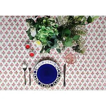 ATOSII Gulbahar White Pink 100% Cotton Fall Rectangle Tablecloth, Hand Block Print Washable Table Cover, Christmas Parties Buffet Dining, Weddings, Thanksgiving, Halloween, 60 X 90 Inches, 6 Seater