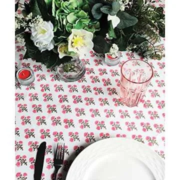 ATOSII Gulbahar White Pink 100% Cotton Fall Rectangle Tablecloth, Hand Block Print Washable Table Cover, Christmas Parties Buffet Dining, Weddings, Thanksgiving, Halloween, 60 X 90 Inches, 6 Seater