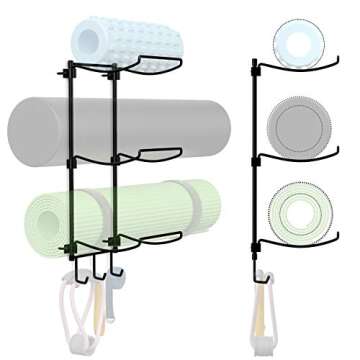 Suchek Yoga Mat Holder Wall Mount, Wall Rack Storage for Yoga Mat, Yoga Tiles, Foam Roller, with 3 Hooks for Hanging Yoga Strap, Resistance Bands, Home Gym Decor for Home Gym Organization (Black)