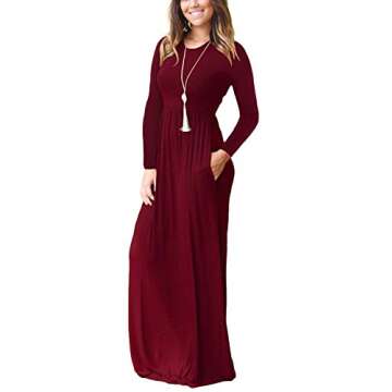 GRECERELLE Women Casual Long Sleeve Maxi Dresses/Tops with Pockets, Wine Red, Large
