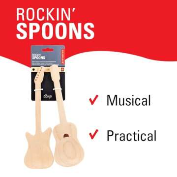 Kikkerland Set of Two Novelty Guitar Wooden Spoons for Kitchen – Beechwood, Heat Resistant, Use wi...
