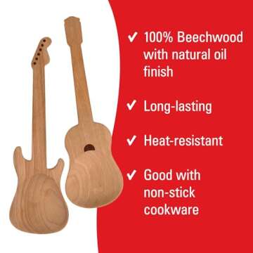 Kikkerland Set of Two Novelty Guitar Wooden Spoons for Kitchen – Beechwood, Heat Resistant, Use with Non-Stick Cookware – Unique Gift for Music Lovers and Cooking Enthusiasts