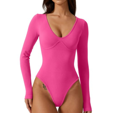 QINSEN Women's Bodycon Curvy Jumpsuit High Stretch Long Sleeve Bodysuit Shirt Top Azalea S