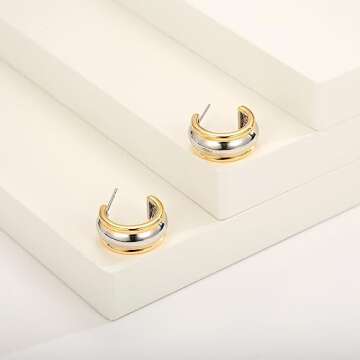 LILIE&WHITE Two Tone Hoop Earrings for Women C Shape Chunky Hoops Gold and Silver Earrings