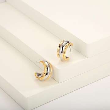 LILIE&WHITE Two Tone Hoop Earrings for Women C Shape Chunky Hoops Gold and Silver Earrings