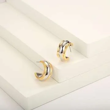 LILIE&WHITE Two Tone Hoop Earrings for Women C Shape Chunky Hoops Gold and Silver Earrings