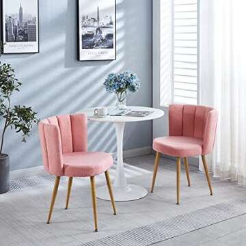 ATSNOW Pink Sherpa Dining Chairs Set of 2, Mid Century Modern Upholstered Side Chairs for Kitchen Living Room Vanity