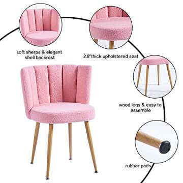 ATSNOW Pink Sherpa Dining Chairs Set of 2, Mid Century Modern Upholstered Side Chairs for Kitchen Living Room Vanity