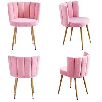 ATSNOW Pink Sherpa Dining Chairs Set of 2, Mid Century Modern Upholstered Side Chairs for Kitchen Living Room Vanity