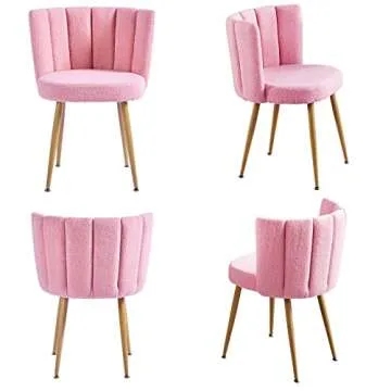 ATSNOW Pink Sherpa Dining Chairs Set of 2, Mid Century Modern Upholstered Side Chairs for Kitchen Living Room Vanity