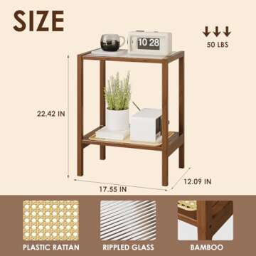 Bamworld Rattan Side Table Living Room Glasstop Night Stand Boho End Table 2-Tier with Storage Mid C...