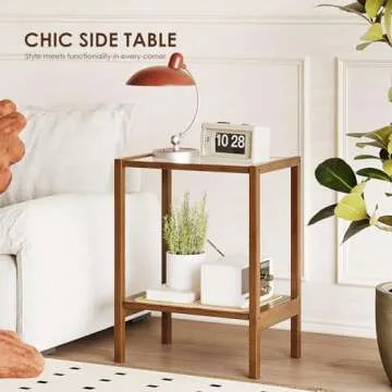 Bamworld Rattan Side Table Living Room Glasstop Night Stand Boho End Table 2-Tier with Storage Mid Century Modern Bedside Table for Small Spaces Narrow Coffee Table Bamboo