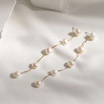 Long Tassel Pearl Dangle Earrings - Dangling Hanging Baroque AAA+ Freshwater Pearl Drop Dangle Earring for Women Bridal Wedding Gift