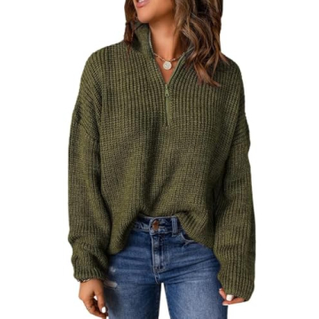 EVALESS Sweaters for Women Waffle Knit Tops Long Sleeve Quarter Zip Pullover Women Business Casual O...
