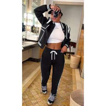 AIIYYQB Womens Fall Two Piece Outfit Cropped Button Down Baseball Varsity Jacket Pants Set Casual Jo...