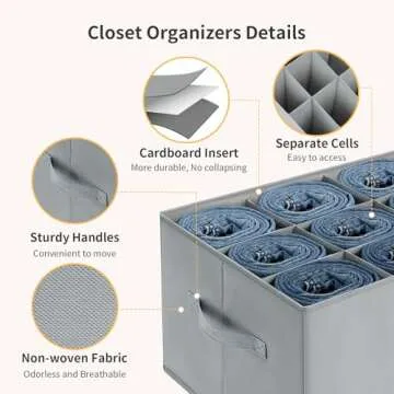DIMJ Wardrobe Clothes Organizer, Jean Pants Towel Organizers for Closet, 9 Cell Stackable Wardrobe Shelf Dividers, Foldable Storage Bins for Clothes Sweater T-shirts Legging, 2 Pcs Grey