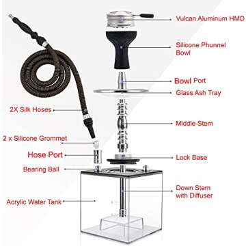 Hookah Set with Everything - Kitosun Updated Cube Modern Shisha include Vulcan HMD Silicone Phunnel ...
