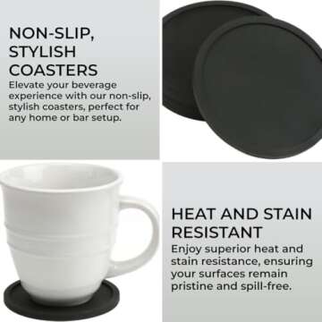H&S Non Slip Silicone Drink Coasters - Set of 6 - Large Black Cup Coaster Set for Outdoor & Indoor D...