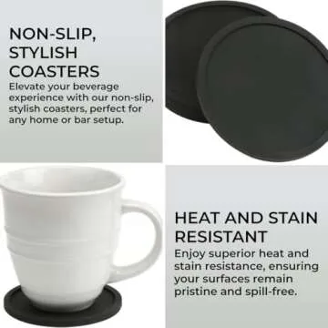 H&S Non Slip Silicone Drink Coasters - Set of 6 - Large Black Cup Coaster Set for Outdoor & Indoor D...
