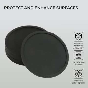 H&S Non Slip Silicone Drink Coasters - Set of 6 - Large Black Cup Coaster Set for Outdoor & Indoor Drinks - Anti Stain & Heat Resistant - Cup Table Pads - Cup Place Mat - Drink Coasters Plain