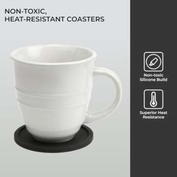 H&S Non Slip Silicone Drink Coasters - Set of 6 - Large Black Cup Coaster Set for Outdoor & Indoor Drinks - Anti Stain & Heat Resistant - Cup Table Pads - Cup Place Mat - Drink Coasters Plain