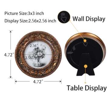 SIKOO Small Vintage 3×3 Round Picture Frame Antique Ornate Mini Photo Frame Vintage Wall Decor, Bronze Gold