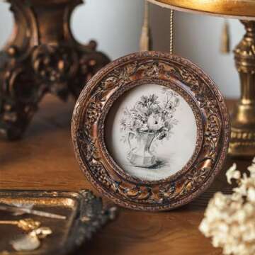 SIKOO Small Vintage 3×3 Round Picture Frame Antique Ornate Mini Photo Frame Vintage Wall Decor, Bronze Gold