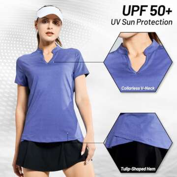 MIER Women's Golf Polo Shirts Collarless UV Sun Blocking Short Sleeve Quick Dry Summer Tee Collared Moisture Wicking Tops Heather Blue XXL