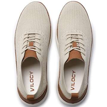 VILOCY Men's Casual Dress Sneakers Oxfords Business Shoes Lace Up Lightweight Comfortable Breathable Walking Knit Mesh Fashion Sneakers Tennis Beige,EU44