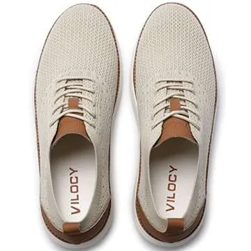 VILOCY Men's Casual Dress Sneakers Oxfords Business Shoes Lace Up Lightweight Comfortable Breathable Walking Knit Mesh Fashion Sneakers Tennis Beige,EU44