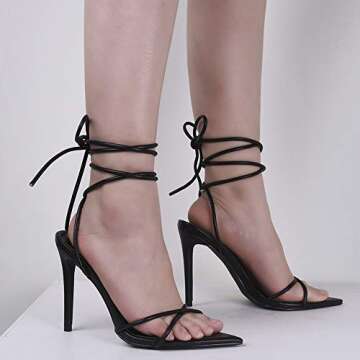 GENSHUO Women's Sexy Strappy Sandals heel 11cm/4.33 inch Summer High Stiletto Heeled Pump Pointed Open toe Party Wedding Shoes Black BK-11-8