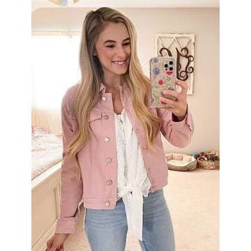 luvamia Women's Classic Casual Long Sleeves Jacket Basic Button Down Trucker Jacket Coat Womens Jean Jacket Spring Jackets For Women 2024 Pink Size Large Fits Size 12 / Size 14