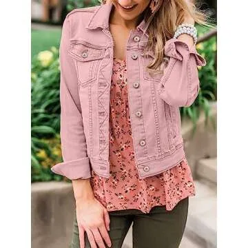 luvamia Women's Classic Casual Long Sleeves Jacket Basic Button Down Trucker Jacket Coat Womens Jean Jacket Spring Jackets For Women 2024 Pink Size Large Fits Size 12 / Size 14