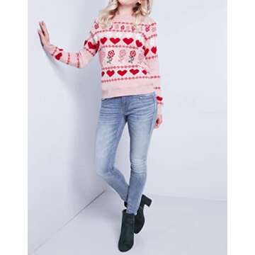 LAVASEON Women Oversized Valentines Sweater Pink Lightweight Crew Neck Long Sleeve Pullover Sweaters for Women Trendy