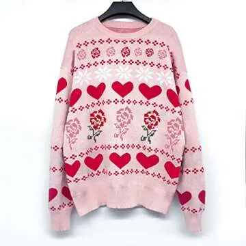 LAVASEON Women Oversized Valentines Sweater Pink Lightweight Crew Neck Long Sleeve Pullover Sweaters for Women Trendy
