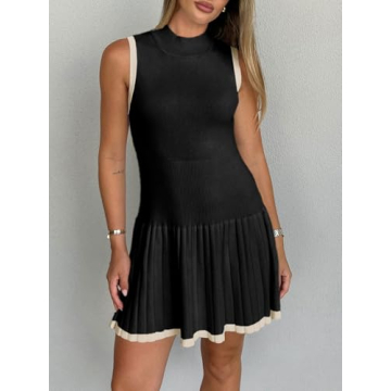 Wenrine Womens Sleeveless Summer Mini Dress Mock Neck Ribbed Knit Ruffle Pleated Casual Tank Dress Black