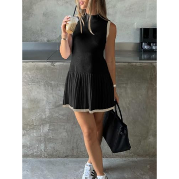 Wenrine Womens Sleeveless Summer Mini Dress Mock Neck Ribbed Knit Ruffle Pleated Casual Tank Dress Black