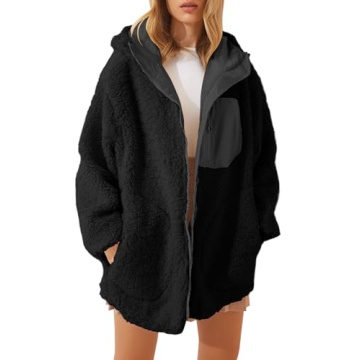 Fazortev Women's Winter Fleece Coat Hooded Oversized Plush Long Sleeve Zipper Up Jacket with Pocket